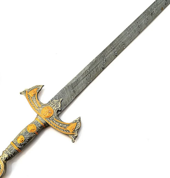 Hand Forged Damascus Steel 40 inch Templar Knights Scared Holy Longsword Ornate Medieval Sword Replica With Leather Sheath - Swift dealers