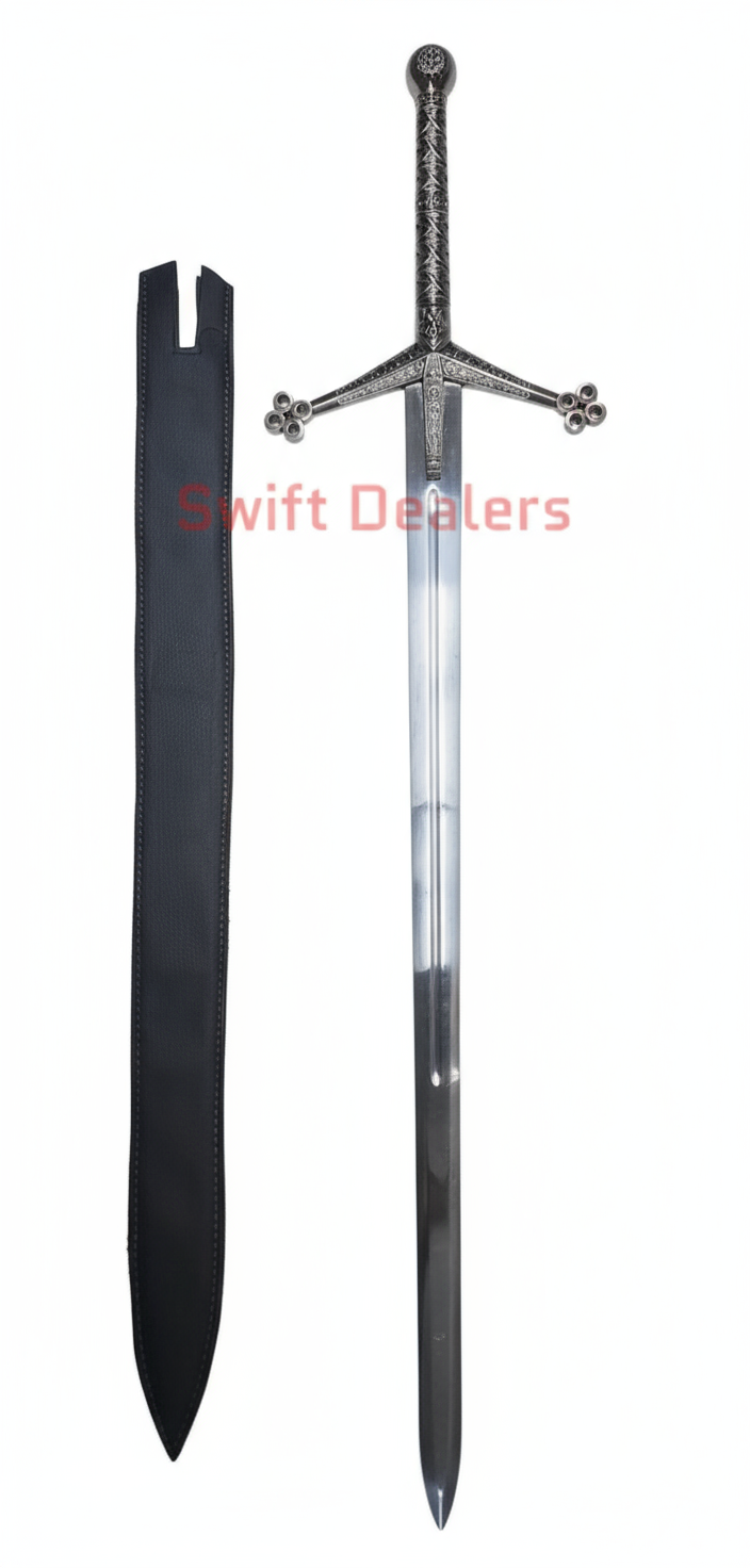 Handmade Claymore Cosplay Sword 44” Silver Medieval Greatsword Prop with Faux Leather Sheath | Display Sword Replica