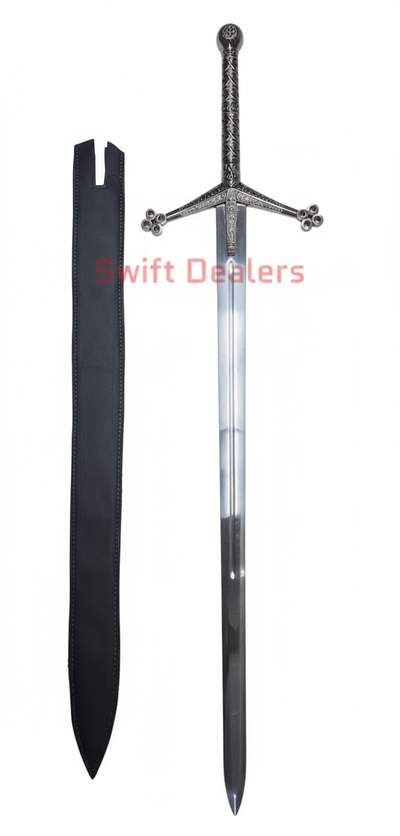 Handmade Claymore Cosplay Sword 44” Silver Medieval Greatsword Prop with Faux Leather Sheath | Display Sword Replica