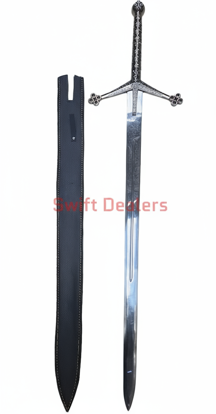Handmade Claymore Cosplay Sword 44” Silver Medieval Greatsword Prop with Faux Leather Sheath | Display Sword Replica
