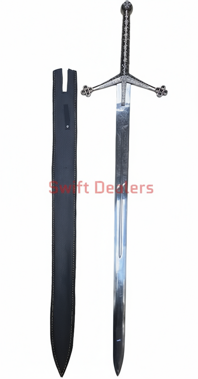 Handmade Claymore Cosplay Sword 44” Silver Medieval Greatsword Prop with Faux Leather Sheath | Display Sword Replica