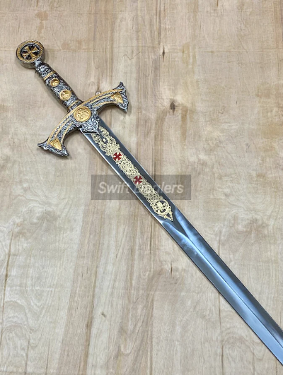 Handmade Templar Knights Sacred Holy Longsword Ornate Full Length Steel Replica Medieval Sword With Leather Sheath