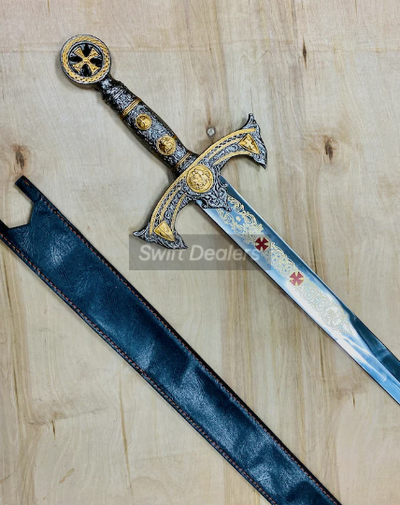 Handmade Templar Knights Sacred Holy Longsword Ornate Full Length Steel Replica Medieval Sword With Leather Sheath