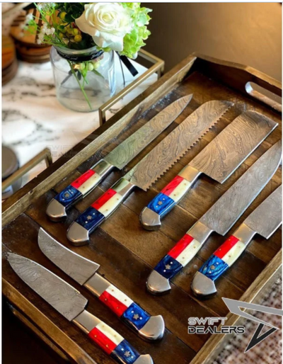 Handmade Chef set of 7 (Patriot Edition), Damascus Steel Chef Set of 7 Knives with Case, Kitchen Knife Set of 7 Knives with Leather Case - Swift dealers