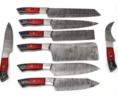 Handmade Chef Set of 8 knives, Damascus Steel Chef Set of 8, Kitchen Knife Set of 8 with Leather Cover - Swift dealers