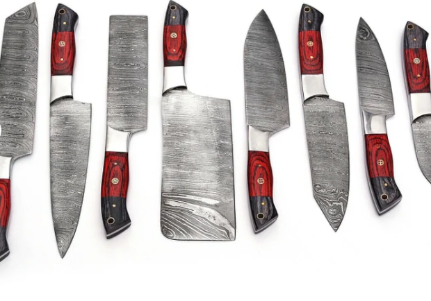 Handmade Chef Set of 8 knives, Damascus Steel Chef Set of 8, Kitchen Knife Set of 8 with Leather Cover - Swift dealers