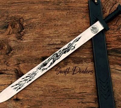 Handmade Dragon Sword with Leather Sheath | Viking Style Dragon Etched Sword with Sheath Fully Handmade - Swift dealers