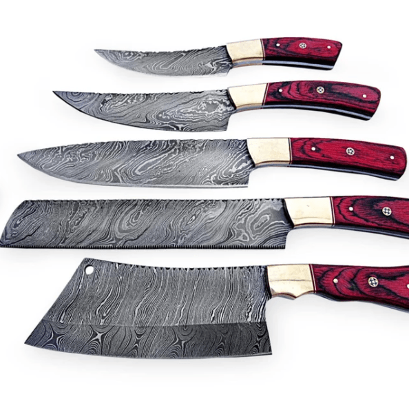 5 Piece Chef Set, Handmade Damascus Steel Knives Chef Set, 5 Piece Kitchen Knife Set with Leather Cover. - Swift dealers