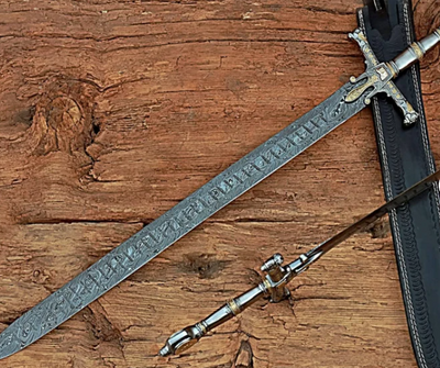 Damascus Steel King Solomon Crusader Sword w/LeatherSheath(Star of David Pommel) - Swift dealers