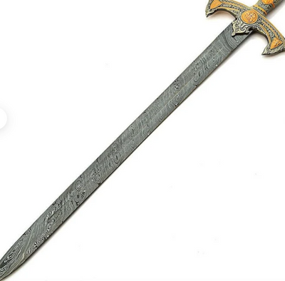 Hand Forged Damascus Steel 40 inch Templar Knights Scared Holy Longsword Ornate Medieval Sword Replica With Leather Sheath - Swift dealers
