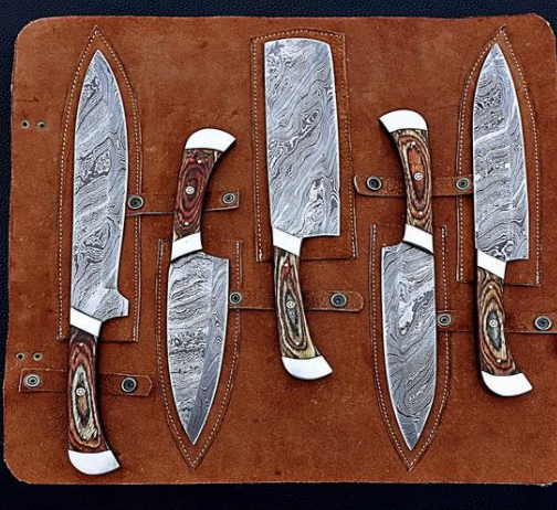 Handmade Chef Set, 5 Piece Damascus Steel Knife Set, Kitchen Knife Set With Leather Wrap Case - Swift dealers