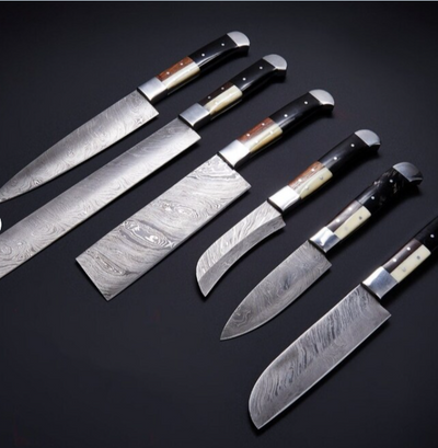 Handmade Chef Set (6 Piece Chef Set), Damascus Steel Chef Set, 6 Piece Kitchen Knife Set With Leather Wrap Case. - Swift dealers