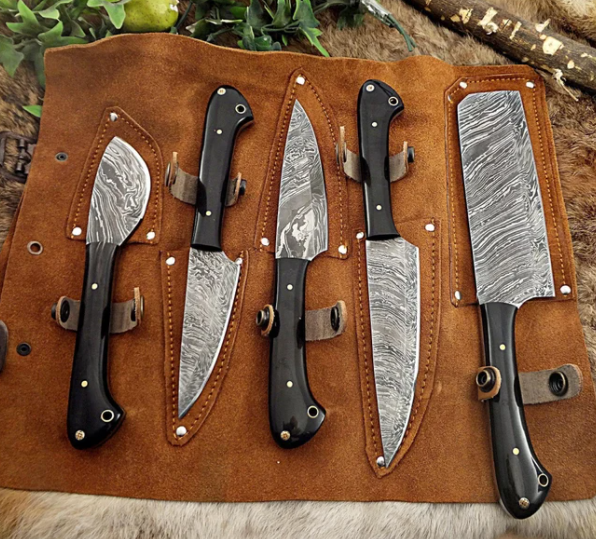 5 Piece Handmade Chef Set, 5 Piece Damascus Steel Knife Set, Kitchen Knife Set With Leather Wrap Case - Swift dealers