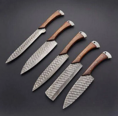 Handmade Chef Set (5 Piece Chef Set), Damascus Steel Chef Set of, 5 piece Kitchen Knife Set with Leather Wrap Case - Swift dealers