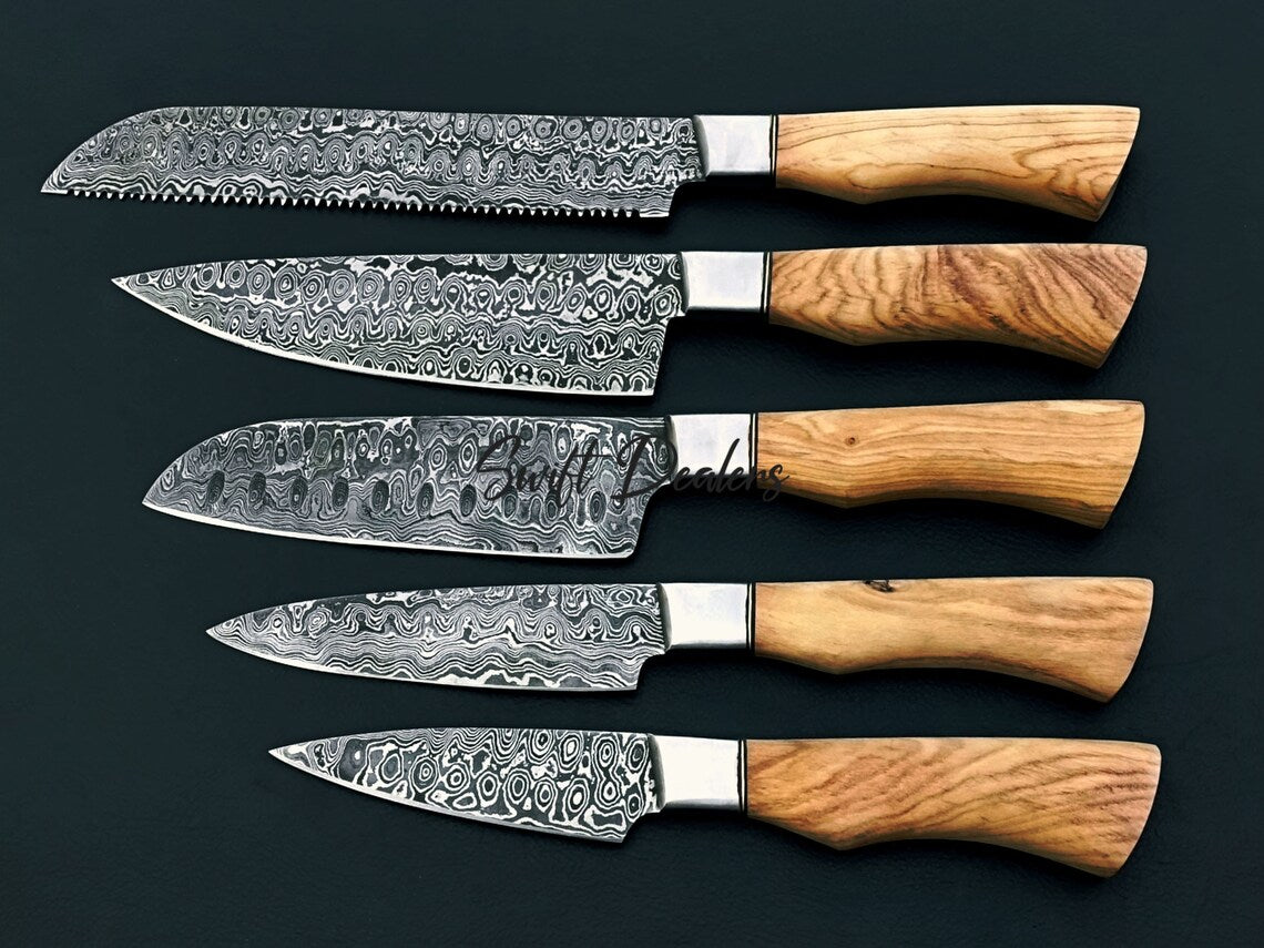 Handmade Chef Set Of 5 (Olive Wood Handles), Damascus Steel Chef Set of 5, Kitchen Knife Set of 5 With Leather Cover - Swift dealers