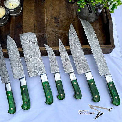 Handmade Chef Set of 7, Damascus Steel Chef Set of 7 with Case, Kitchen Knife set of 7 with Leather Case - Swift dealers