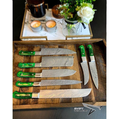 Handmade Chef Set of 7, Damascus Steel Chef Set of 7 with Case, Kitchen Knife set of 7 with Leather Case - Swift dealers
