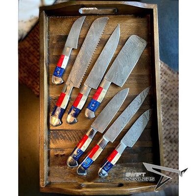 Handmade Chef set of 7 (Patriot Edition), Damascus Steel Chef Set of 7 Knives with Case, Kitchen Knife Set of 7 Knives with Leather Case - Swift dealers