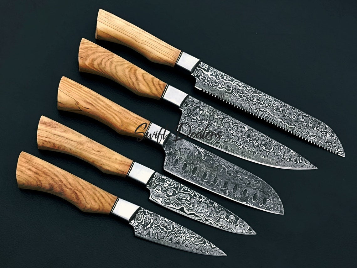 Handmade Chef Set Of 5 (Olive Wood Handles), Damascus Steel Chef Set of 5, Kitchen Knife Set of 5 With Leather Cover - Swift dealers