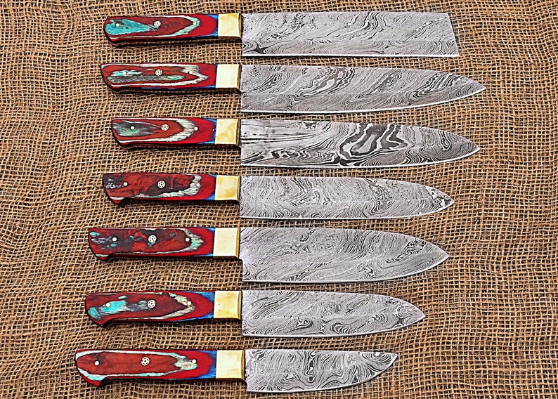 7 Piece Fully Handmade Damascus Steel Knives Chef Set with Real Leather Holder Wrap - Swift dealers
