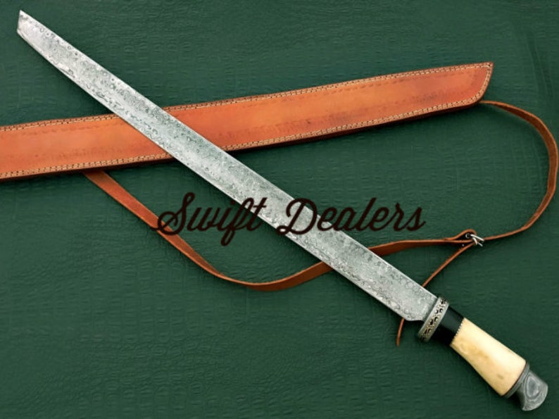 Hand Forged Damascus Sword With Camel Bone Handle & Damascus Pommel with Real Leather Sheath - Swift dealers