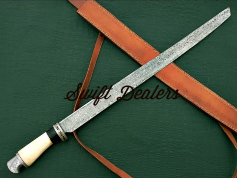 Hand Forged Damascus Sword With Camel Bone Handle & Damascus Pommel with Real Leather Sheath - Swift dealers