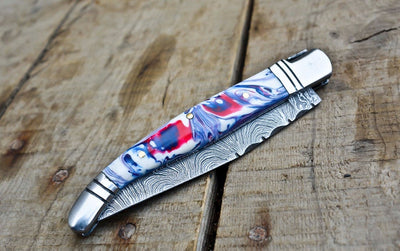 Custom Handmade Damascus Steel Folding Knife/Pocket Knife/Hunting Knife/Camping Knife with Leather Cover - Swift dealers