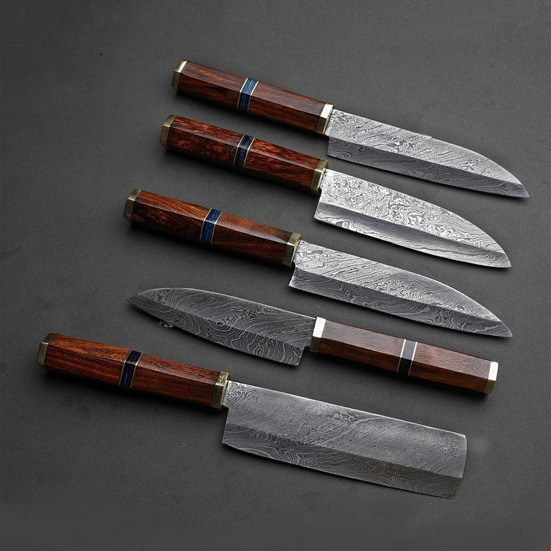 Handmade Chef Set, Damascus Steel Chef Knife Set, Kitchen Knife Set (Set of 5 Knives) With Leather Wrap Case - Swift dealers