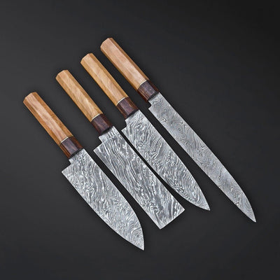 Handmade Chef Set, 4 piece Damascus Steel Chef Set, Kitchen Knife Set (Knife handle made with olive wood and rose wood) with Leather Cover - Swift dealers