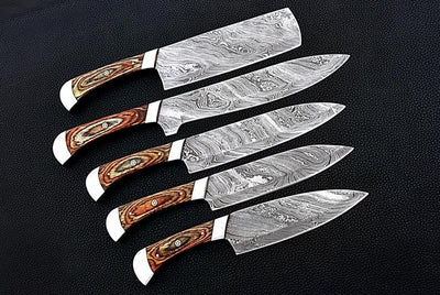Handmade Chef Set, 5 Piece Damascus Steel Knife Set, Kitchen Knife Set With Leather Wrap Case - Swift dealers