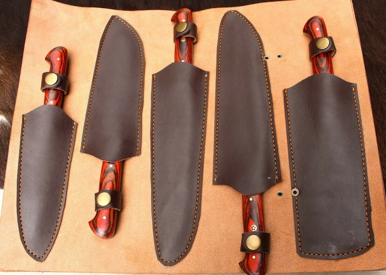 Handmade Chef Set (5 Piece), 5 Piece Damascus Steel Chef Set With Leather Cover, 5 Piece Kitchen Knife Set With Leather Cover - Swift dealers