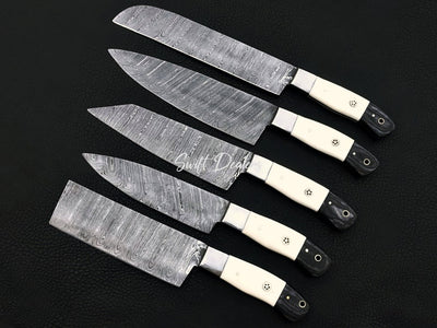 Handmade Chef Set of 5 Knives, Damascus Chef Set of 5 Knives With Leather Case, Kitchen Knife Set of 5 Knives With Leather Case - Swift dealers